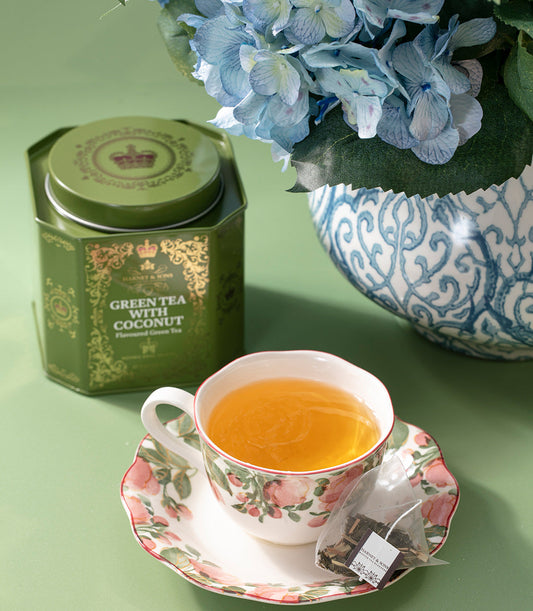 Té verde con coco, jengibre y vainilla, lata HRP de 30 bolsitas