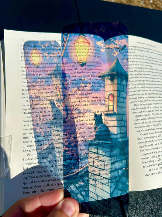 Midnight Rooftop Cat Bookmark with Cherry Blossoms and Lantern Glow – Stained Glass Fantasy Art