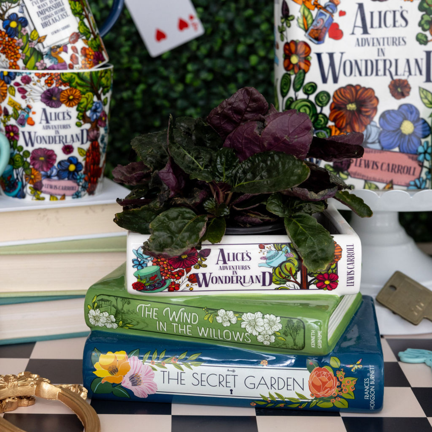 Stacked Books Planter,  Whimsical Classics, Alice/Wind in the Willows/The Secret Garden