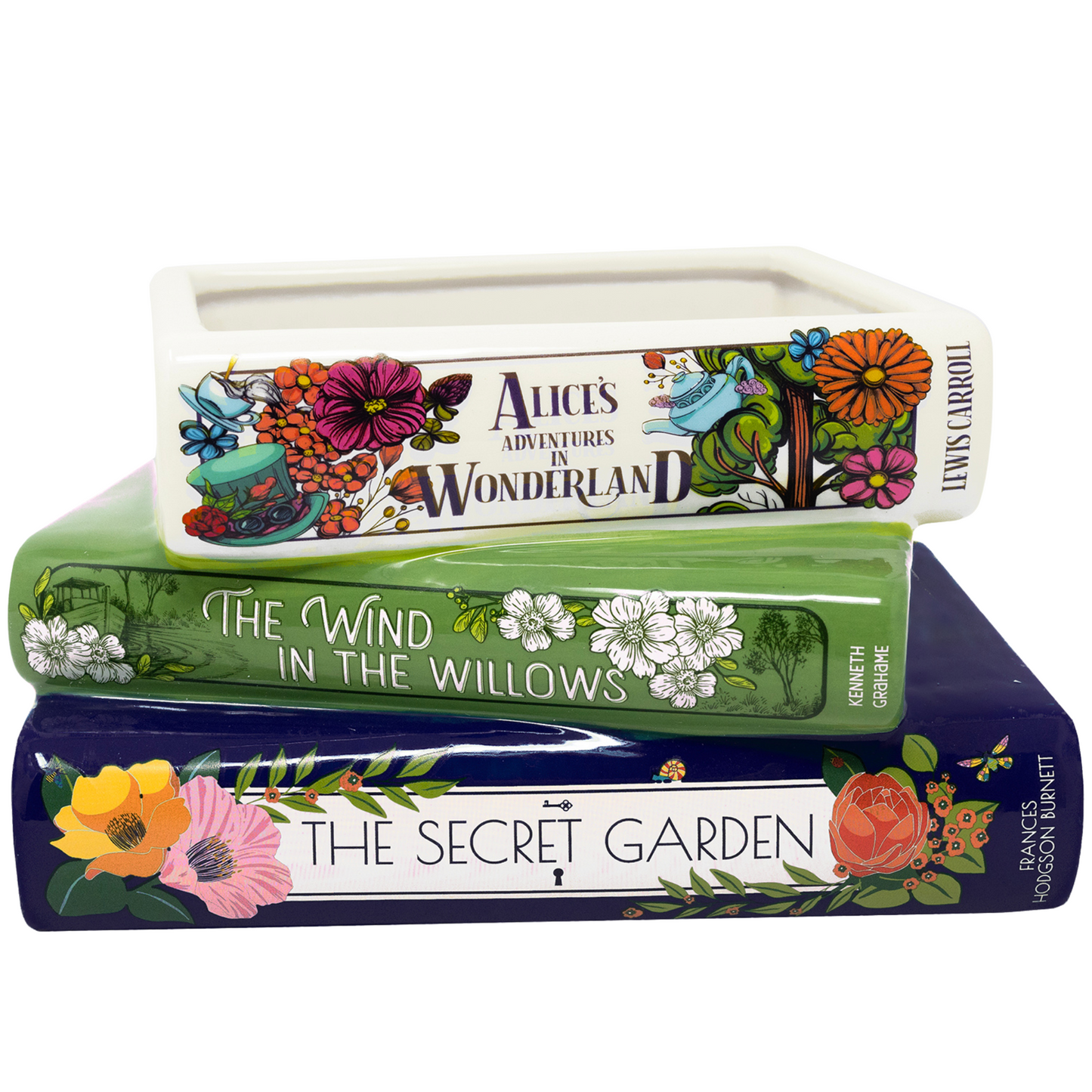 Stacked Books Planter,  Whimsical Classics, Alice/Wind in the Willows/The Secret Garden