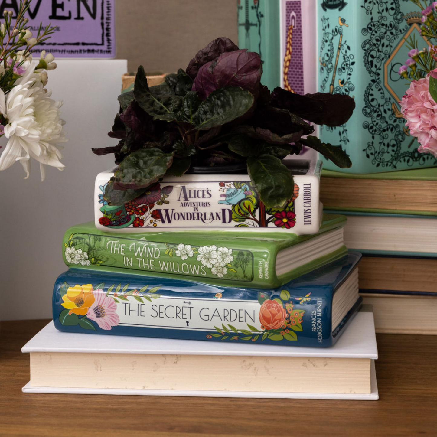 Stacked Books Planter,  Whimsical Classics, Alice/Wind in the Willows/The Secret Garden