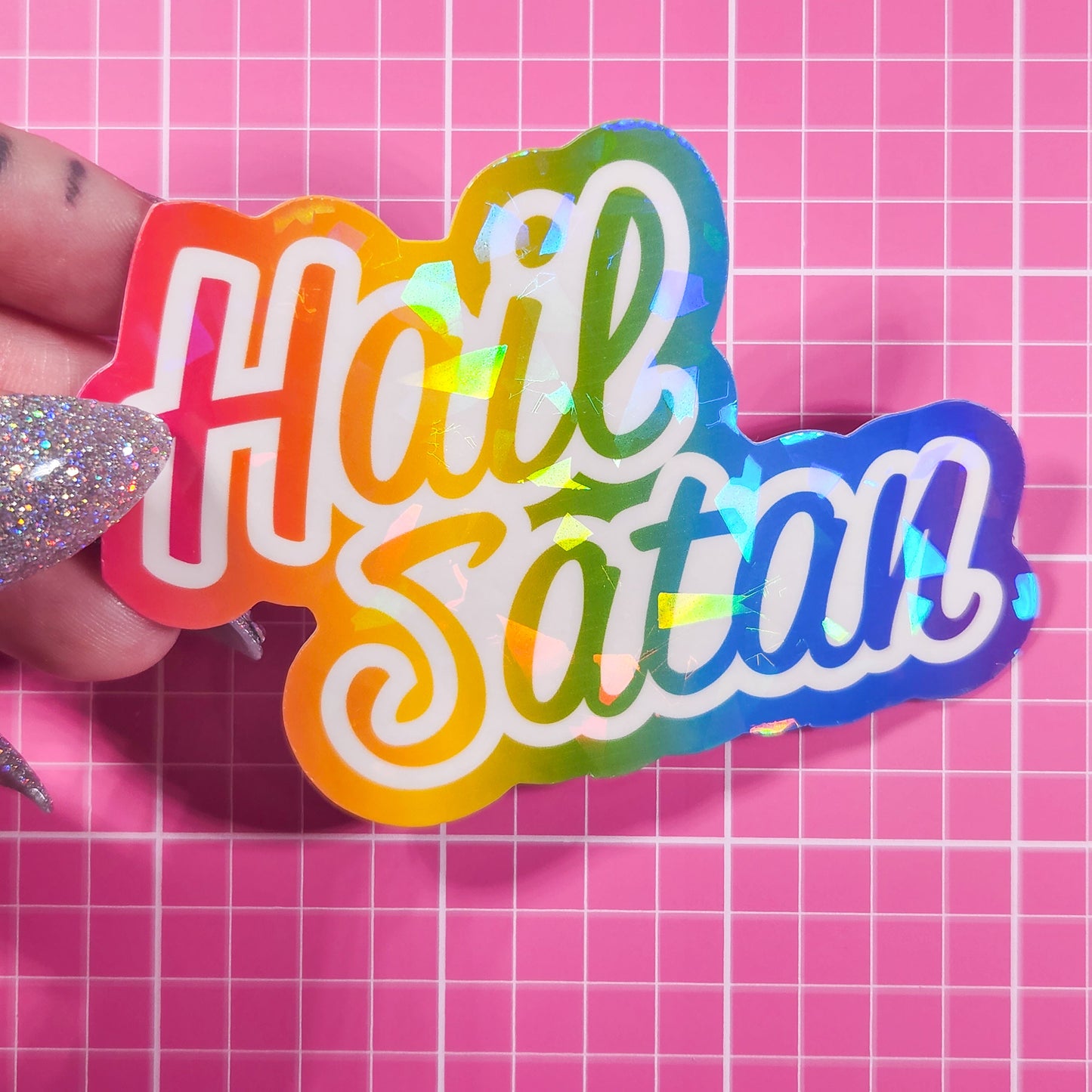 Hail Satan - Rainbow Holographic Sticker, 3 x 2.25 in.