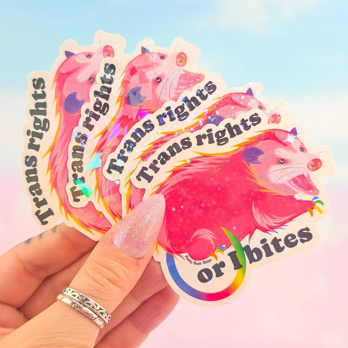 Trans Rights Or I Bites Possum Sticker, 3 x 2.4 in.