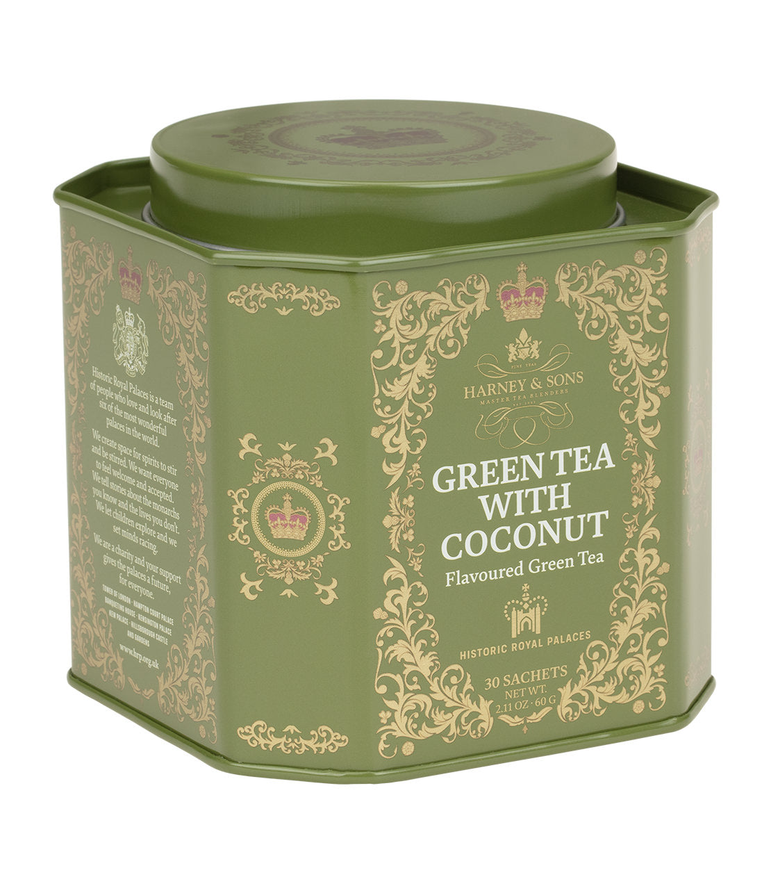 Té verde con coco, jengibre y vainilla, lata HRP de 30 bolsitas