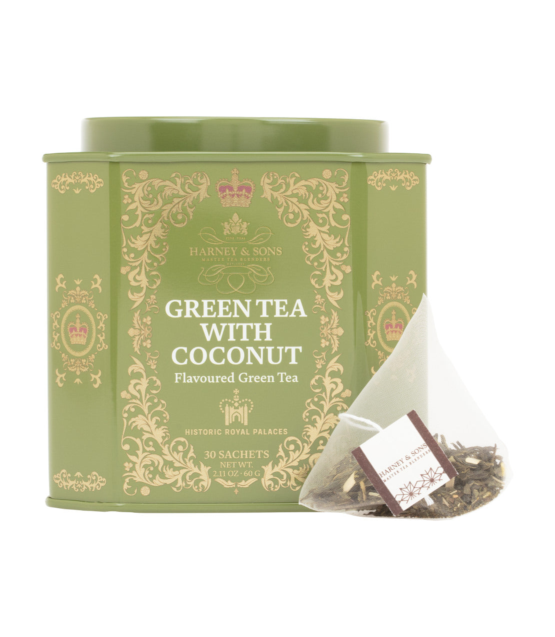 Té verde con coco, jengibre y vainilla, lata HRP de 30 bolsitas