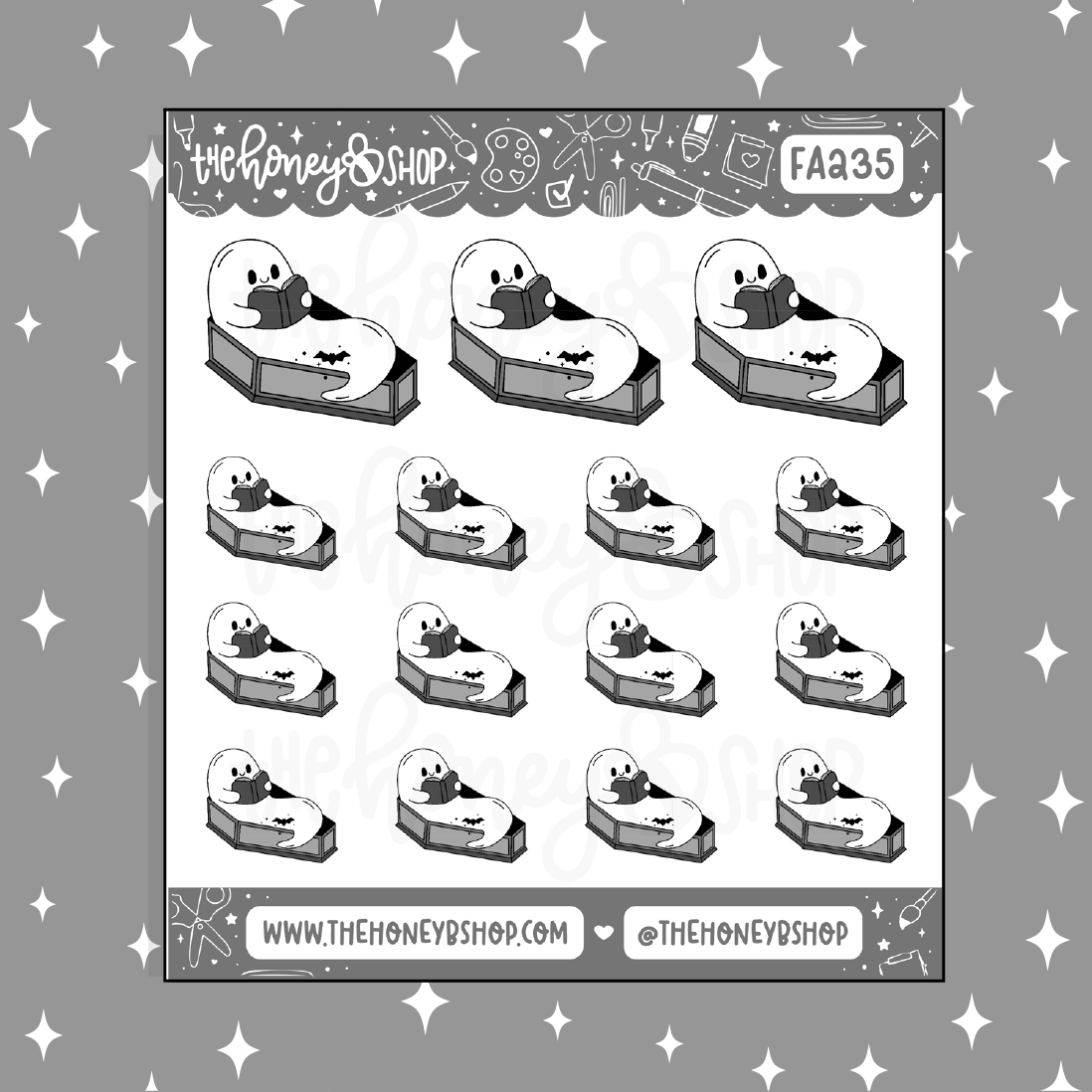 Ghostie Reading in Coffin Doodle Sticker