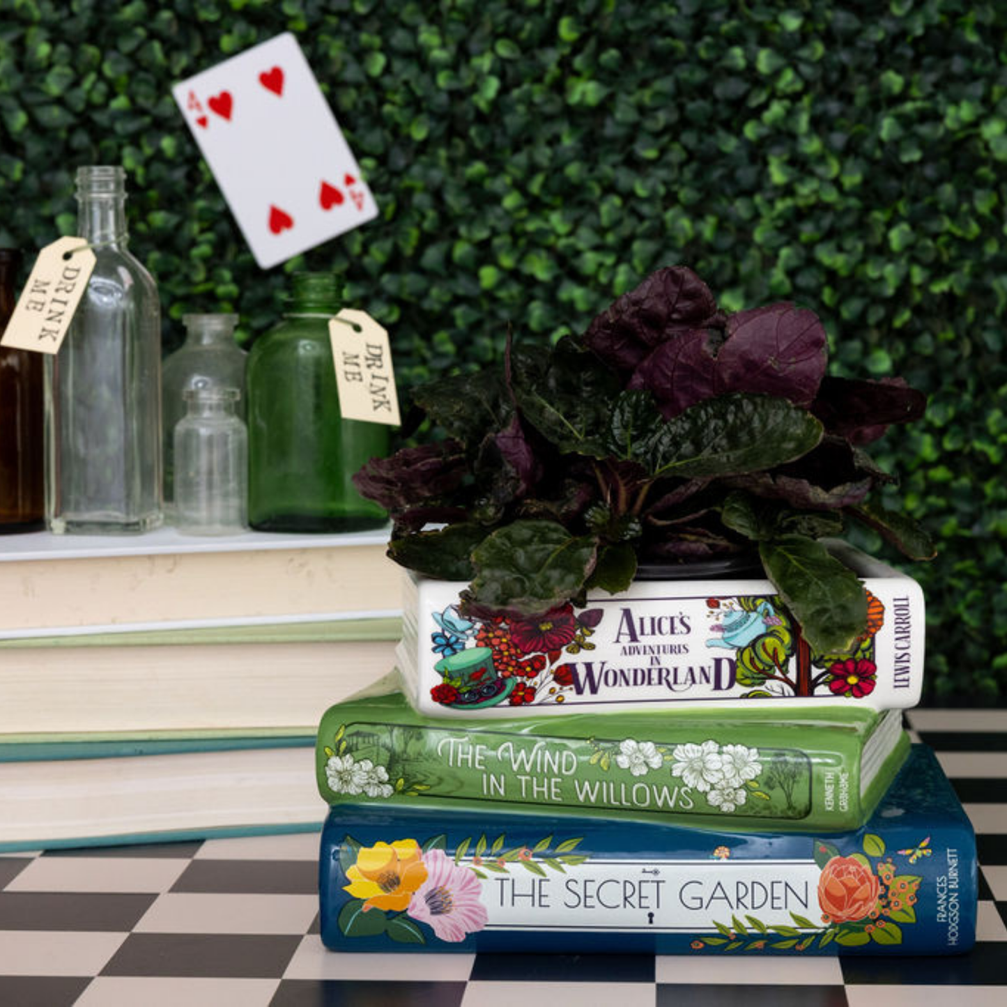 Stacked Books Planter,  Whimsical Classics, Alice/Wind in the Willows/The Secret Garden