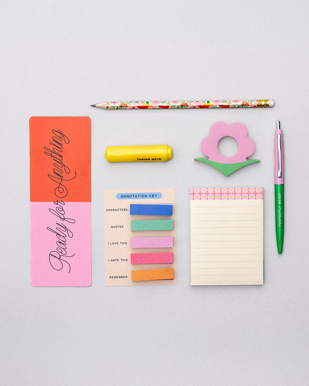 reading kit with 5 sticky flags (75 sheets each), mini highlighter, sticky notepad (75 sheets), book holder, bookmark, pencil, pen