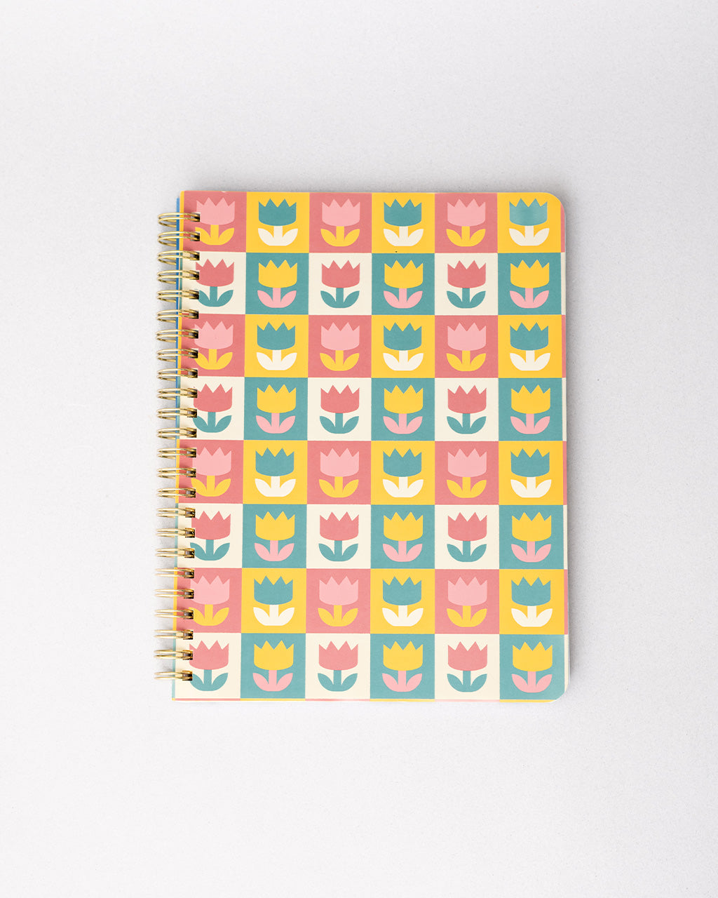pink, yellow, teal and cream checkered mini notebook with colorful tulip print