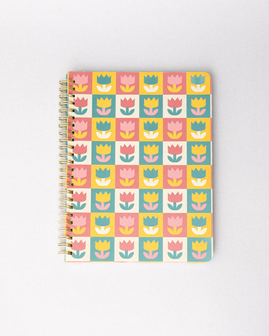 pink, yellow, teal and cream checkered mini notebook with colorful tulip print