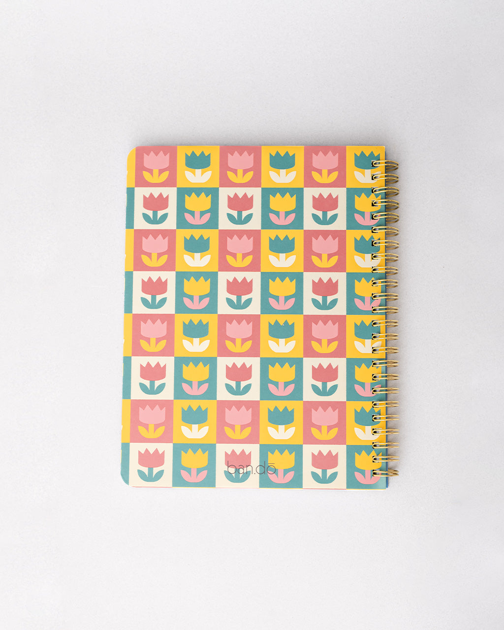 pink, yellow, teal and cream checkered mini notebook with colorful tulip back cover