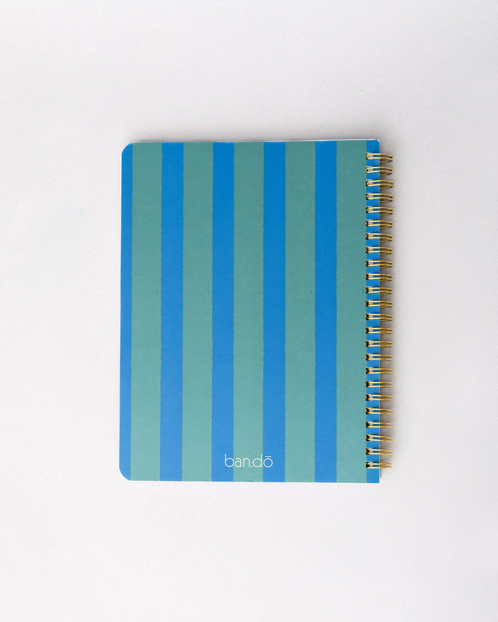 blue and green vertical stripe back cover of cream mini notebook with colorful striped border and teal 'let me write that down before i forget it'
