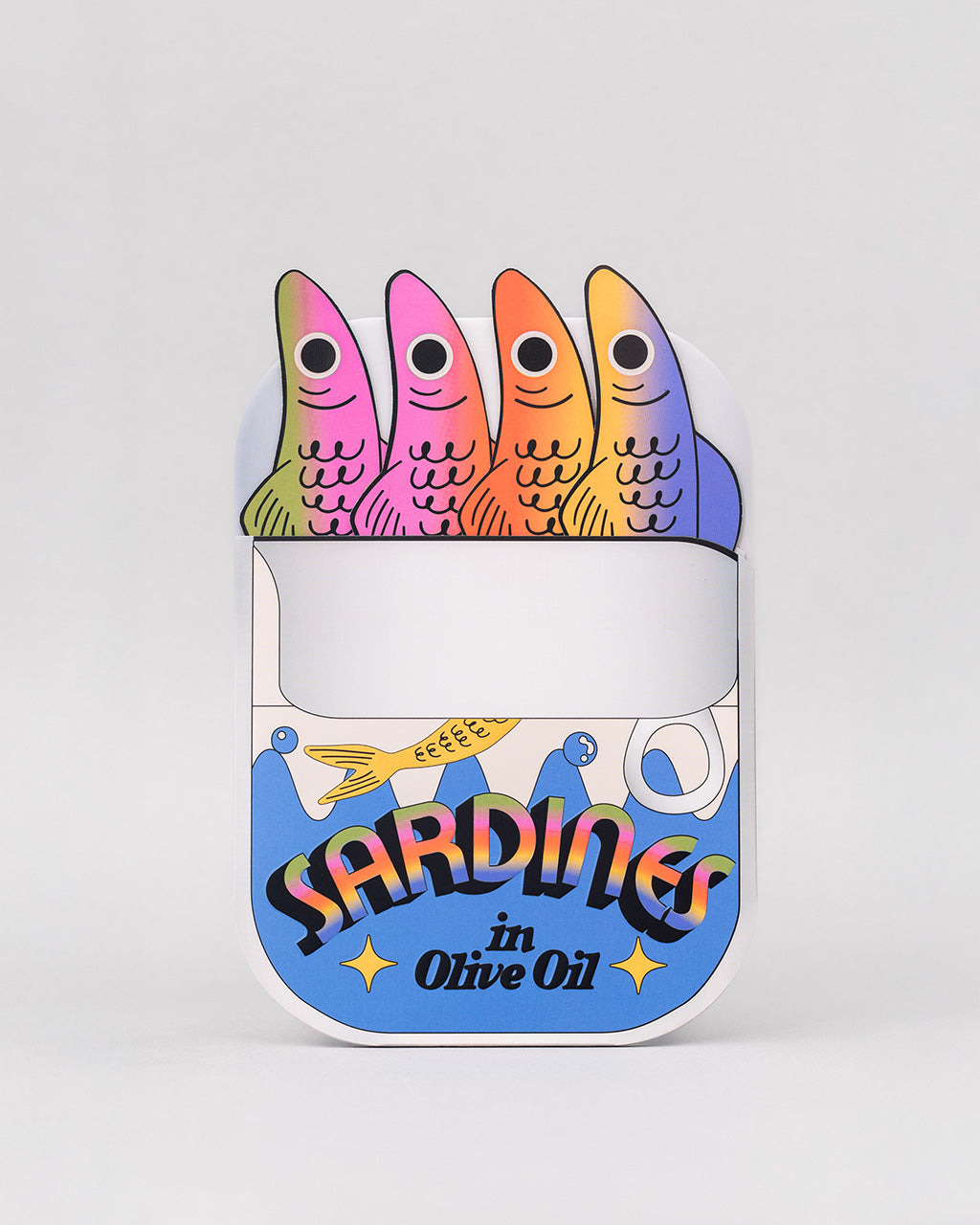 set of 4 colorful sardine bookmarks with 'sardines in olive oil can' holder