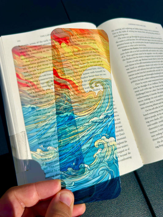 Stained Glass Ocean Waves Bookmark with Fiery Sunset and Cool Blue Sea – Calming Coastal Art for Mindfulness, Therapy, and Book Lovers
