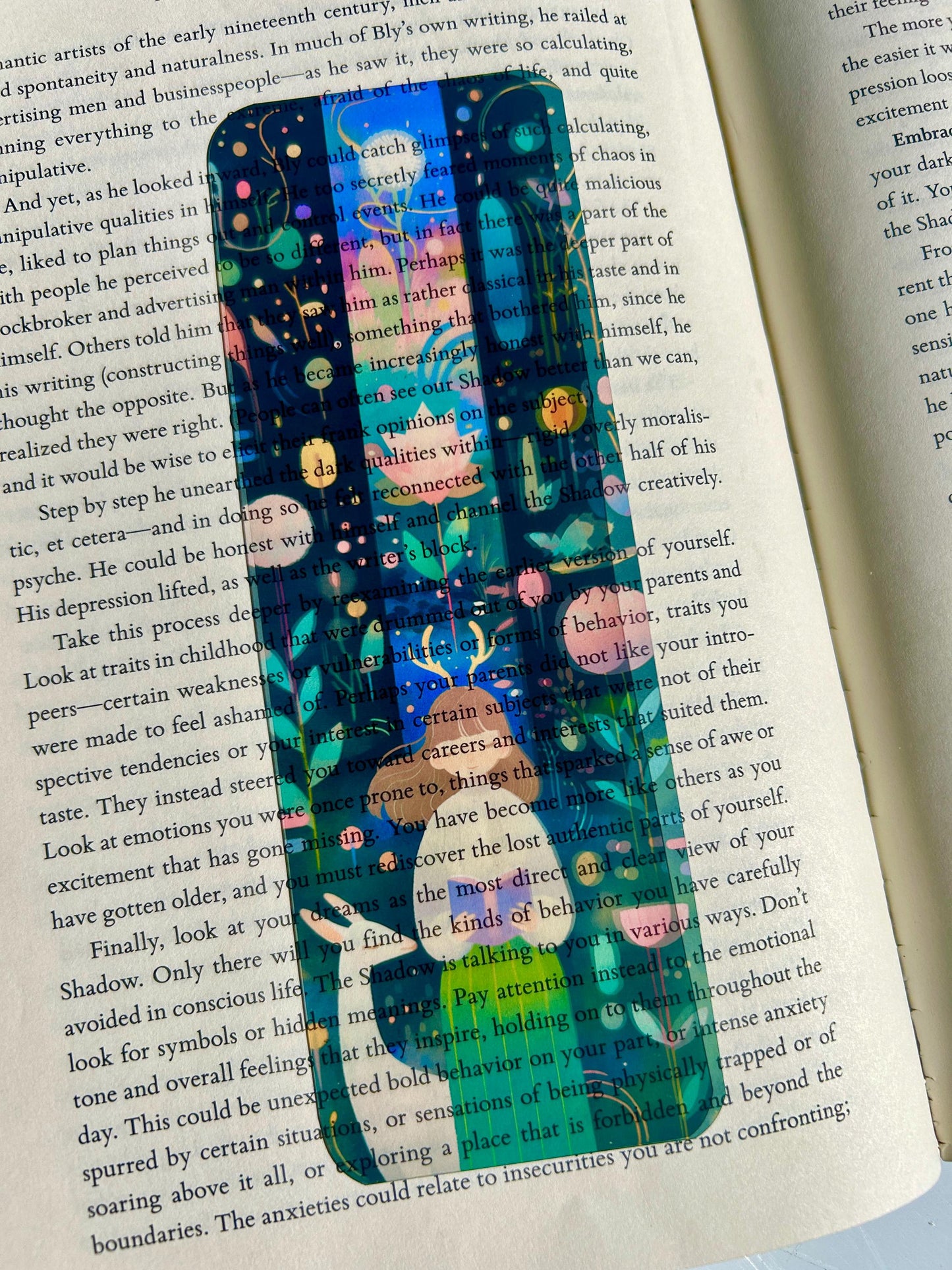 Antlered Girl Reading Bookmark – Dreamy Floral Fantasy Art with Mystical Deer & Glowing Flowers, Peaceful Gift for Book Lovers