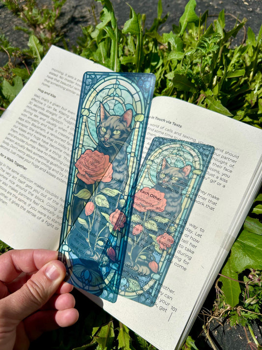 Black Cat Stained Glass Roses Bookmark – Mystical Feline and Floral Design, Enchanting Bookmark for Cat Lovers and Nature Enthusiasts