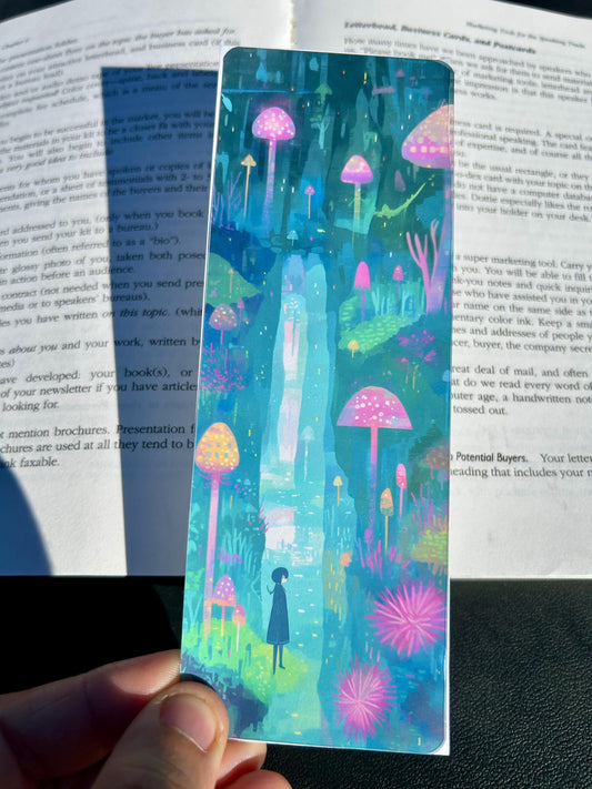Lonely Girl Bookmark – Dreamlike Grotto Scene with Magical Lights | Fantasy Art Gift for Bookworms