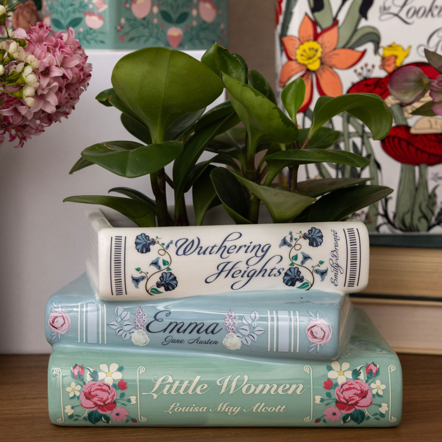 Stacked Books Planter, Pastel Classics, Wuthering Heights/Emma/Little Women