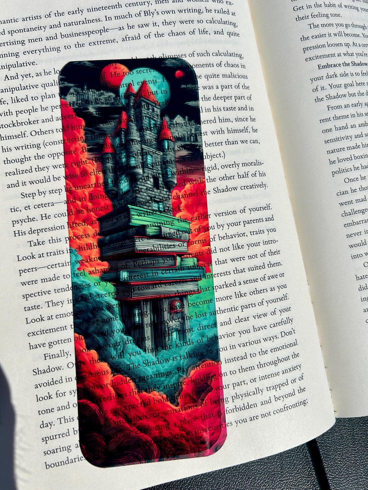 Surreal Book Castle Bookmark with Glowing Windows and Neon Cosmic Sky – Sci-Fi Fantasy Art for Readers