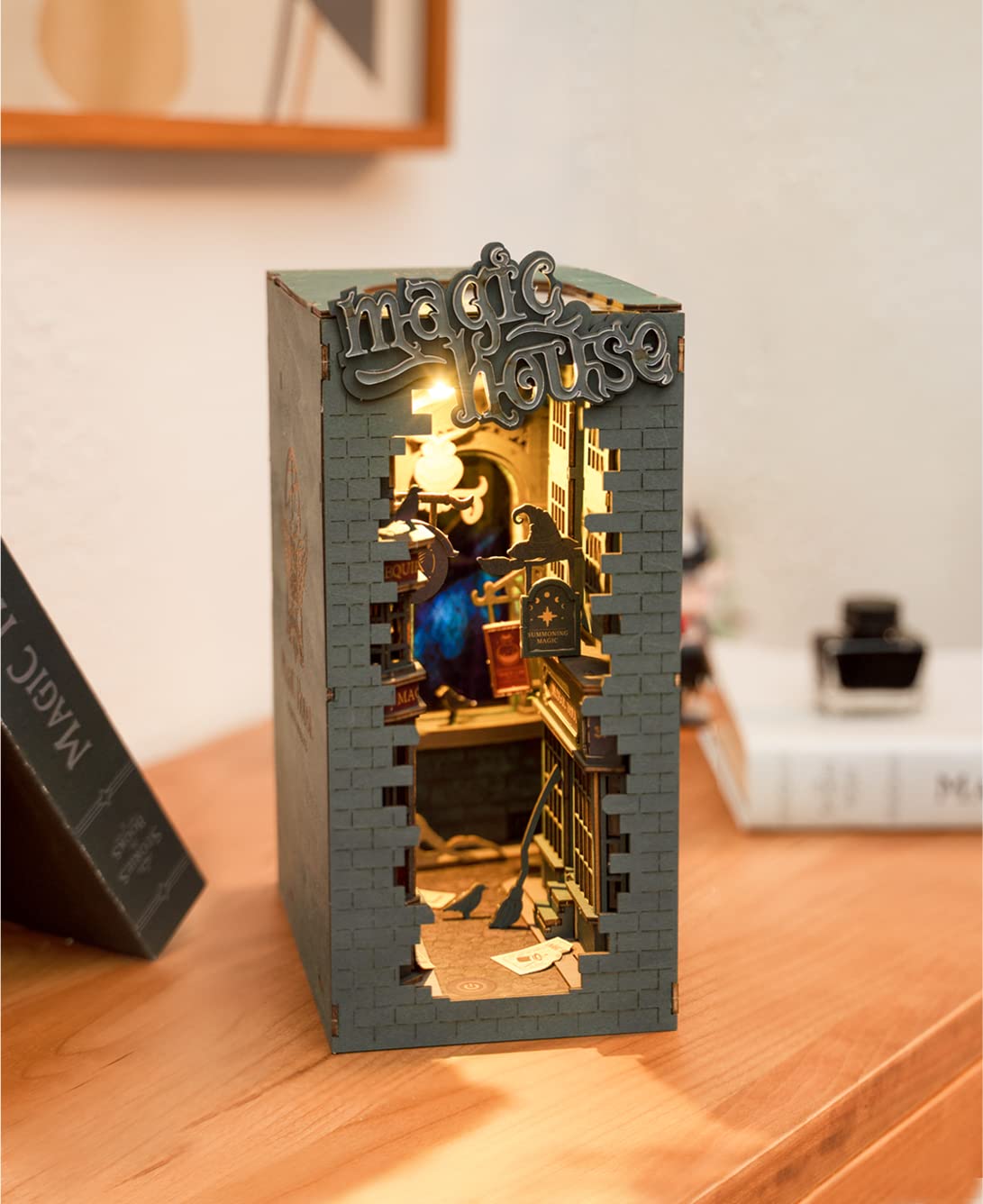 Book Nook Kit for Adults Vintage Decorative Bookend DIY Miniature House Bookshelf Insert Decor with LED Retro Wooden Puzzle Craft Hobby Diorama Gift Assorted Designs