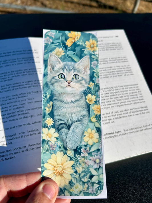 Cat Bookmark, Scrapbook Floral Background, Cozy Papercut Art, Gift for Cat Lovers and Readers