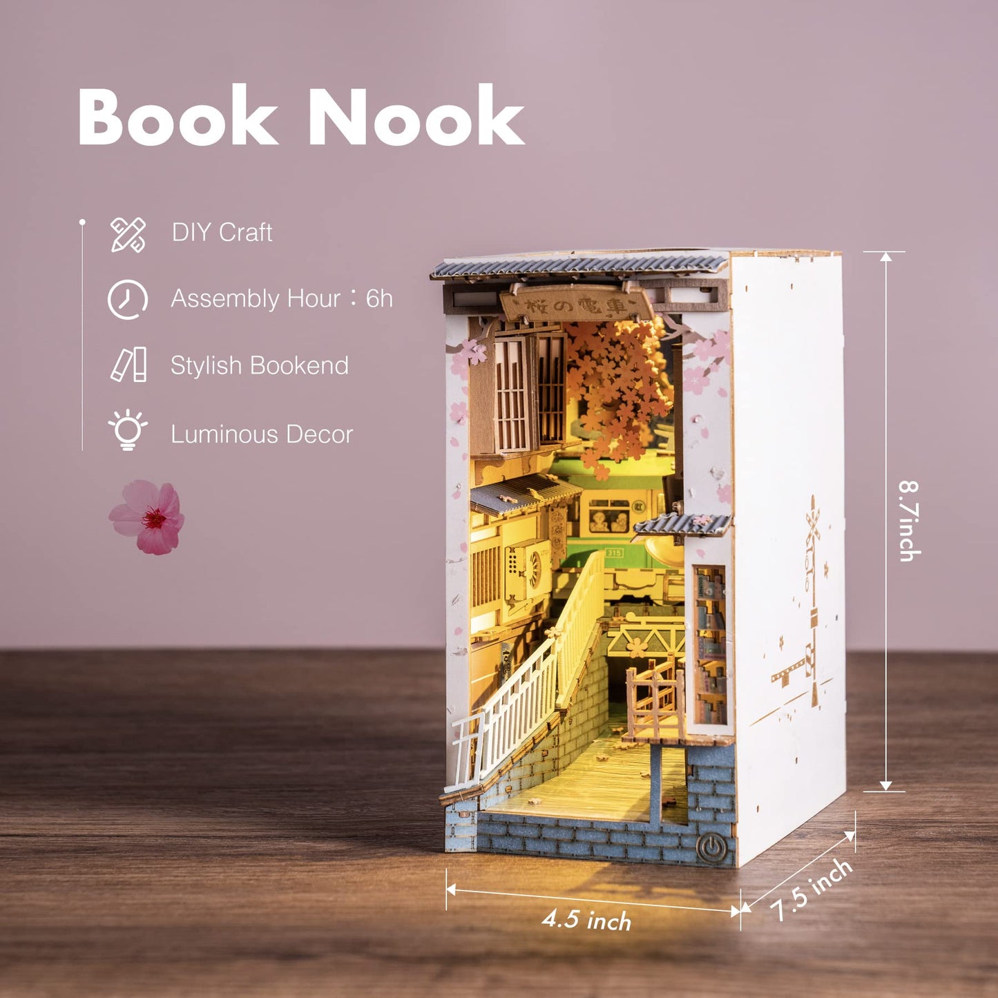 Book Nook Kit for Adults Vintage Decorative Bookend DIY Miniature House Bookshelf Insert Decor with LED Retro Wooden Puzzle Craft Hobby Diorama Gift Assorted Designs