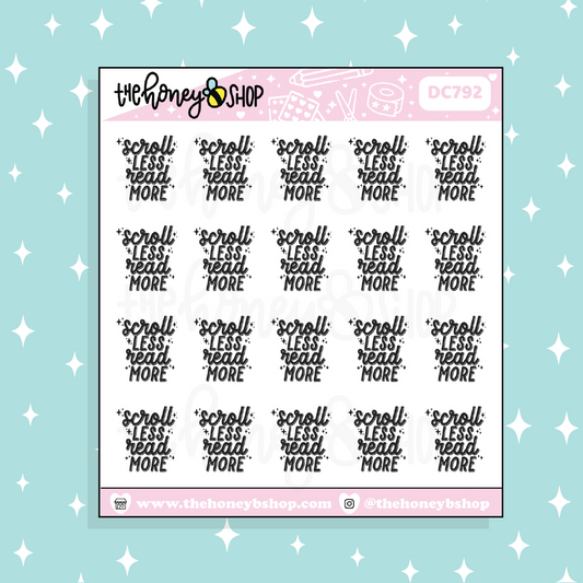 Scroll Less, Read More Lettering Doodle Sticker