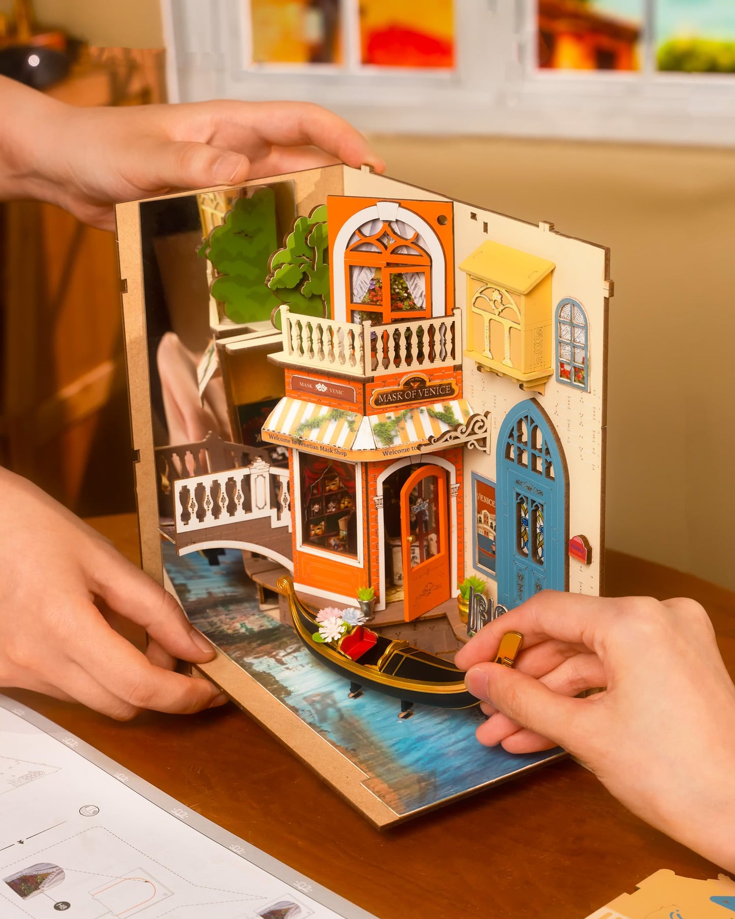 Book Nook Kit DIY Miniature House Kit Booknook Bookshelf Insert Decor 3D Wooden Bookend with LED Model Craft Hobby Gift for Teens and Adults (Floral Corner or Romantic Venice)