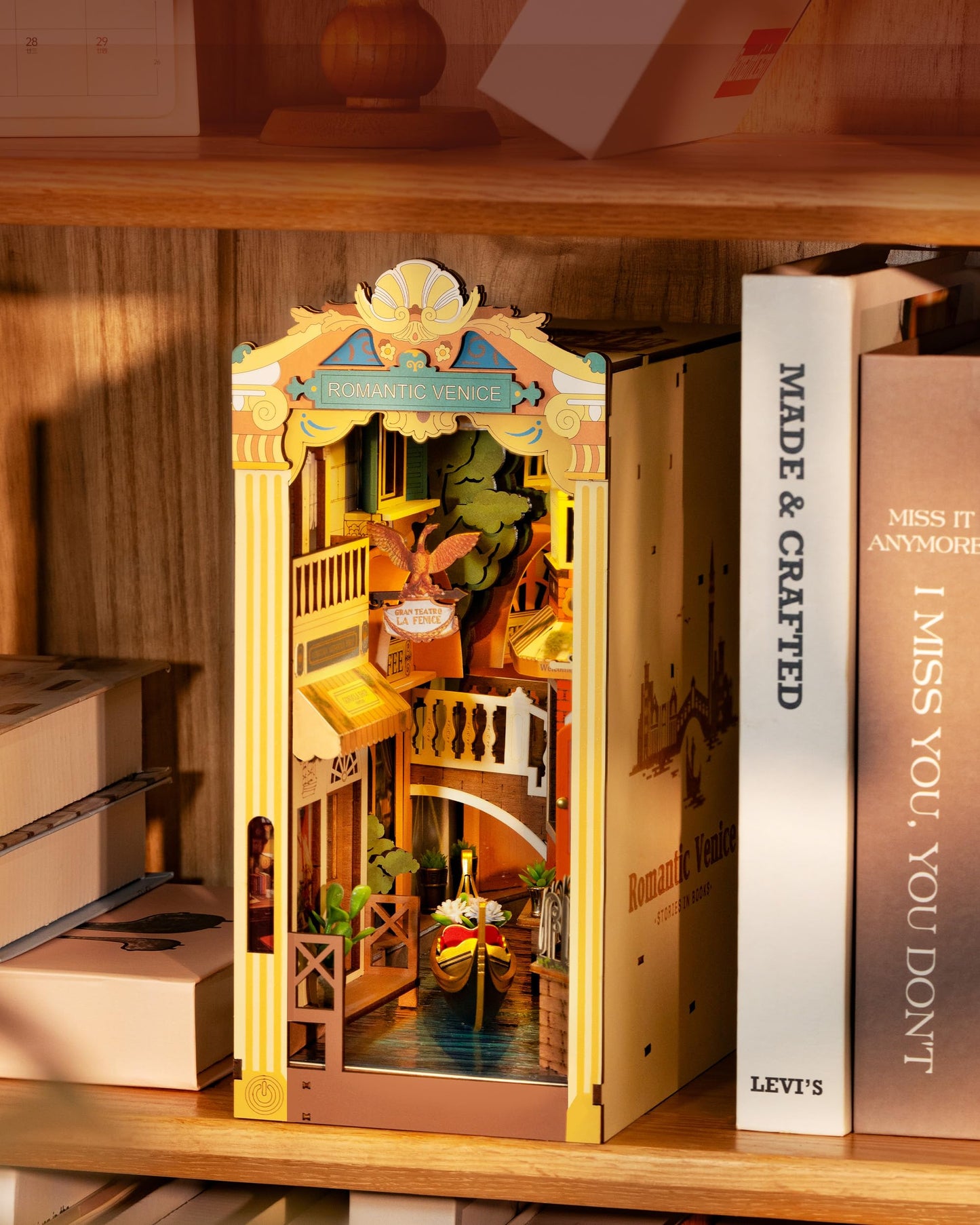 Book Nook Kit DIY Miniature House Kit Booknook Bookshelf Insert Decor 3D Wooden Bookend with LED Model Craft Hobby Gift for Teens and Adults (Floral Corner or Romantic Venice)