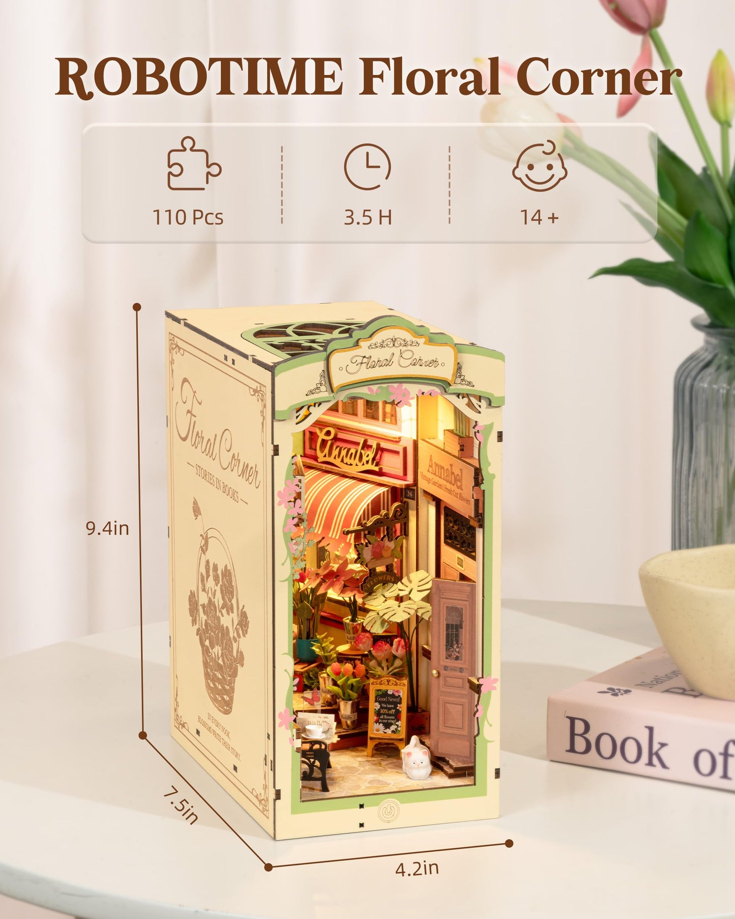 Book Nook Kit DIY Miniature House Kit Booknook Bookshelf Insert Decor 3D Wooden Bookend with LED Model Craft Hobby Gift for Teens and Adults (Floral Corner or Romantic Venice)