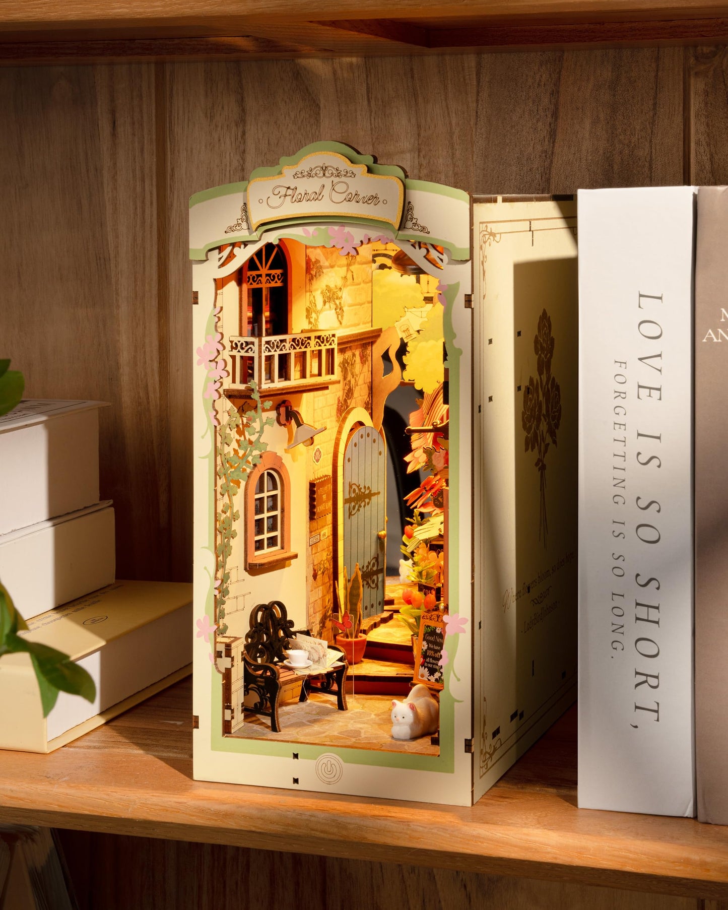 Book Nook Kit DIY Miniature House Kit Booknook Bookshelf Insert Decor 3D Wooden Bookend with LED Model Craft Hobby Gift for Teens and Adults (Floral Corner or Romantic Venice)