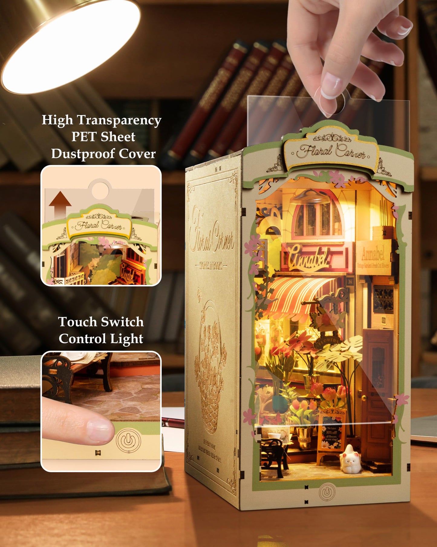 Book Nook Kit DIY Miniature House Kit Booknook Bookshelf Insert Decor 3D Wooden Bookend with LED Model Craft Hobby Gift for Teens and Adults (Floral Corner or Romantic Venice)