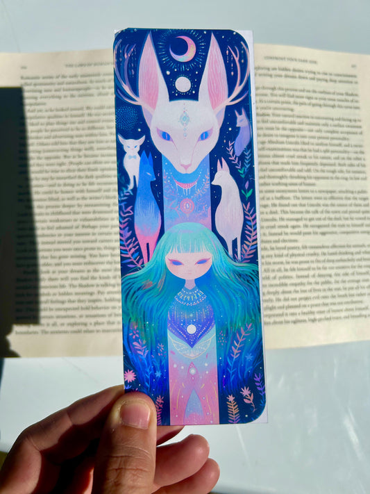 Celestial Guardian Bookmark – Emerald-Haired Girl with Spirit Foxes, Mystical Night Fantasy Art
