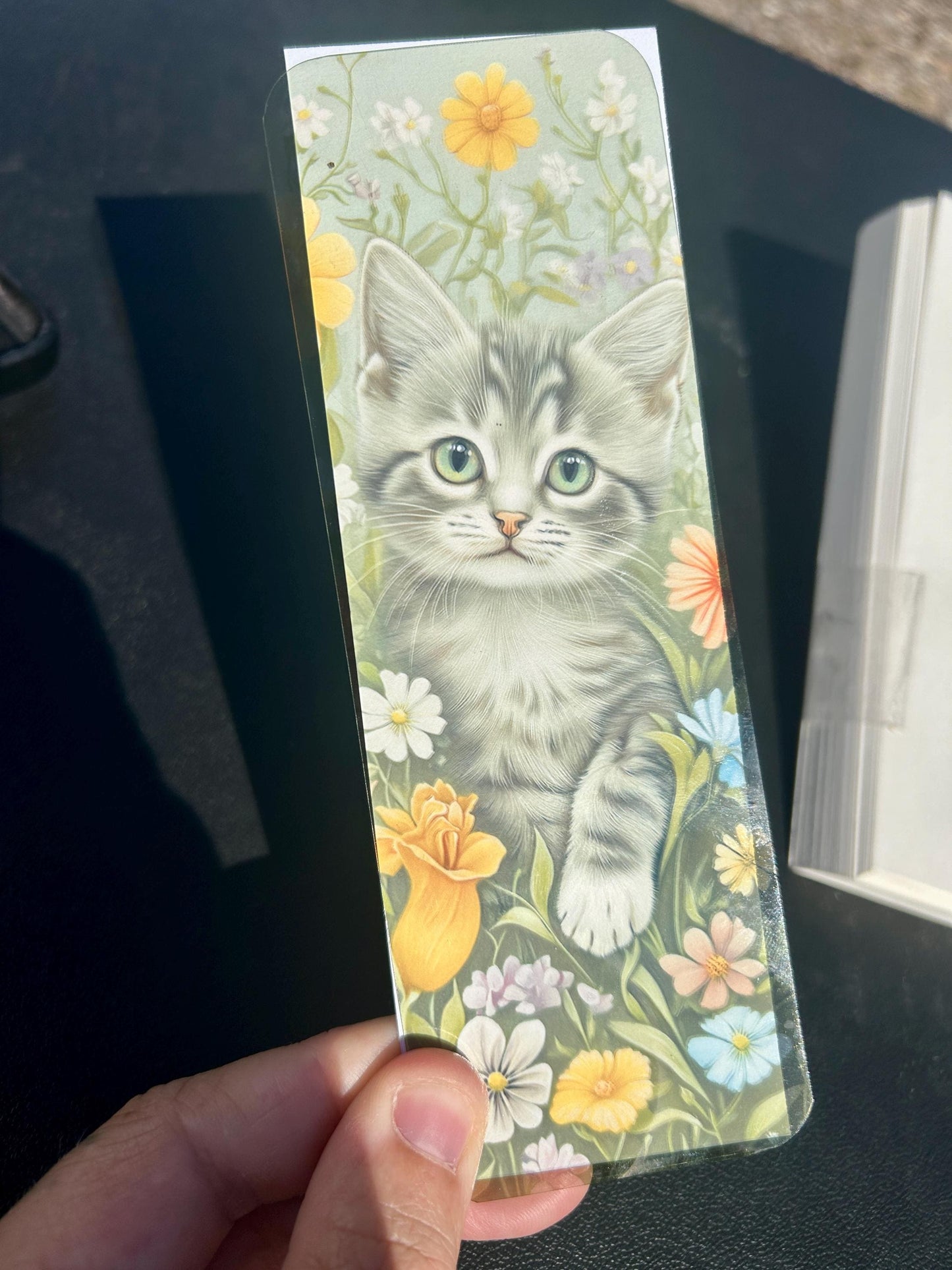Chartreux Cat Bookmark with Scrapbook Paper Floral Background – Cozy Vintage-Style Art for Cat Lovers, Readers, Handmade Reader Gift