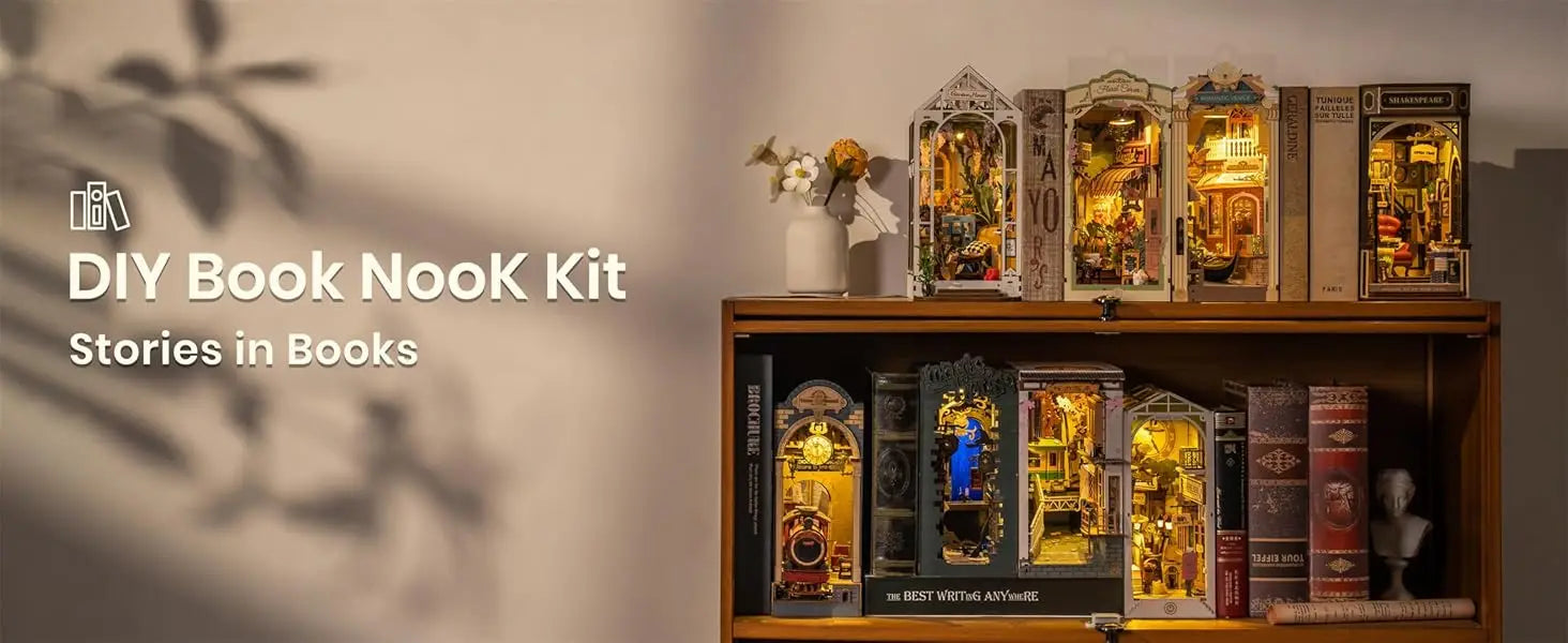 Kit de rincón de libros para armar ROBOTIME, soporte para libros, estantería, kit de casa en miniatura