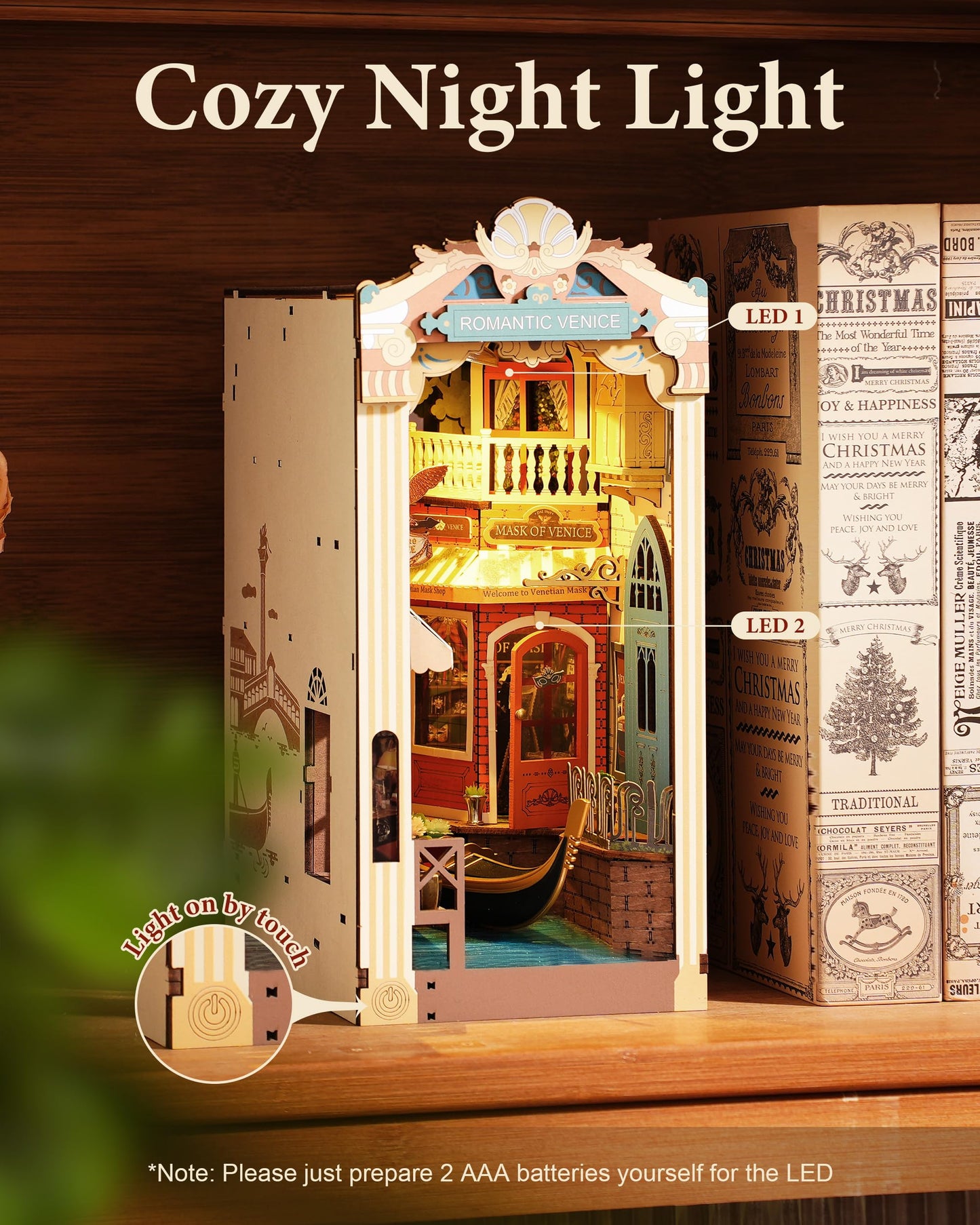 Book Nook Kit DIY Miniature House Kit Booknook Bookshelf Insert Decor 3D Wooden Bookend with LED Model Craft Hobby Gift for Teens and Adults (Floral Corner or Romantic Venice)