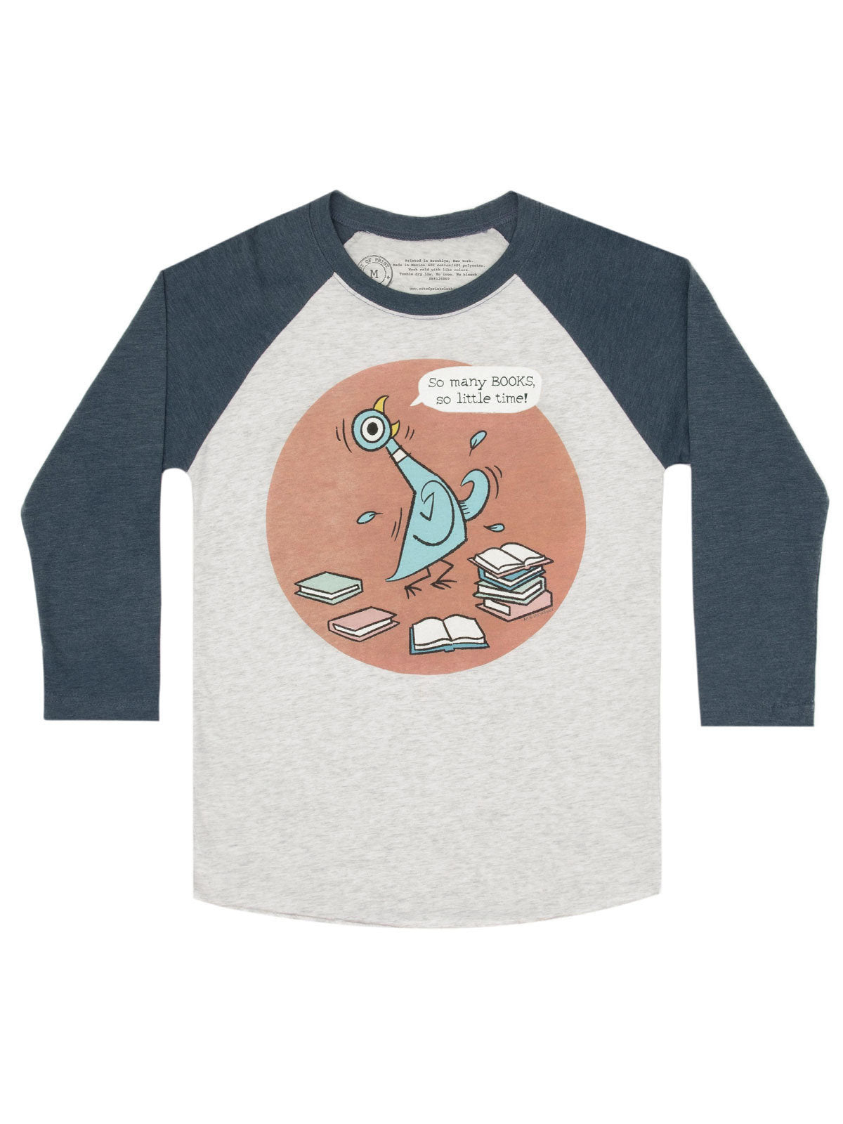 The Pigeon: So Many Books Unisex 3/4 Sleeve Raglan Small