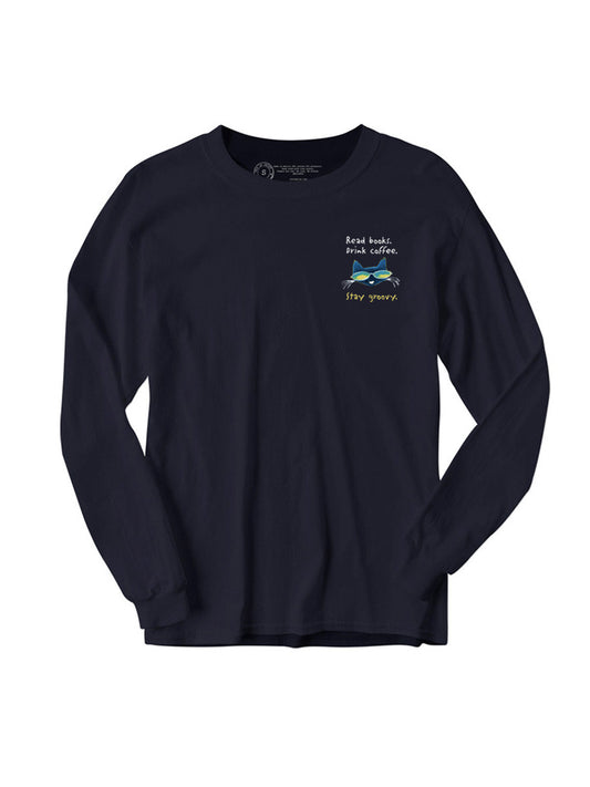 Pete the Cat: Read Books Drink Coffee Stay Groovy Unisex Long Sleeve Small