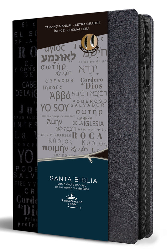 Biblia RVR 1960 Nombres de Dios letra grande tama�o manual con �ndice y cremallera color negro / Spanish Bible RVR60 Handy Size Black Names of God Index Zippe