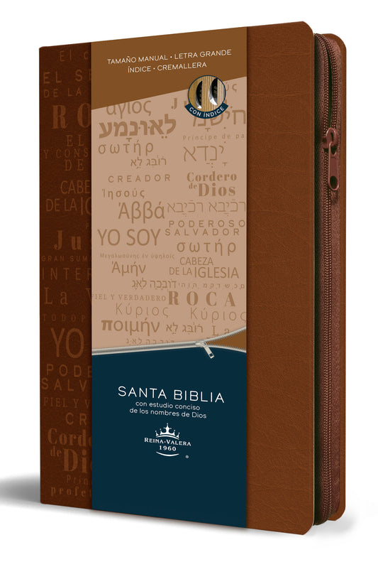 Biblia RVR 1960 letra grande tamaño manual cremallera e índice canela nombres de  Dios / Spanish Bible RV60 Handy Size Large Print Brown Names of God Index Zi