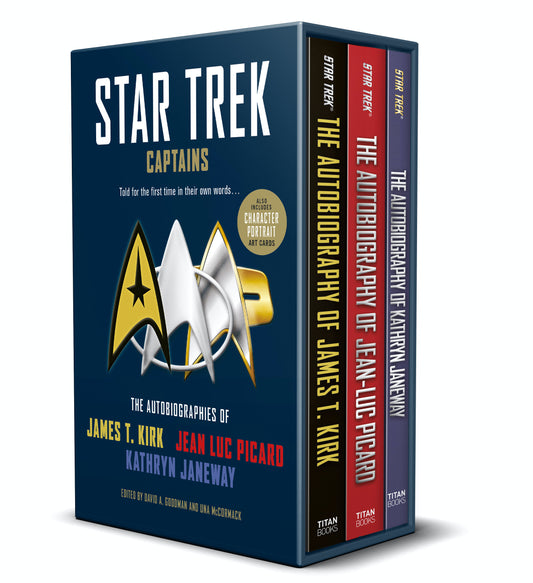 Star Trek Captains - The Autobiographies - Boxed set with slipcase and character portrait art of Kirk, Picard and Janeway autobiographies