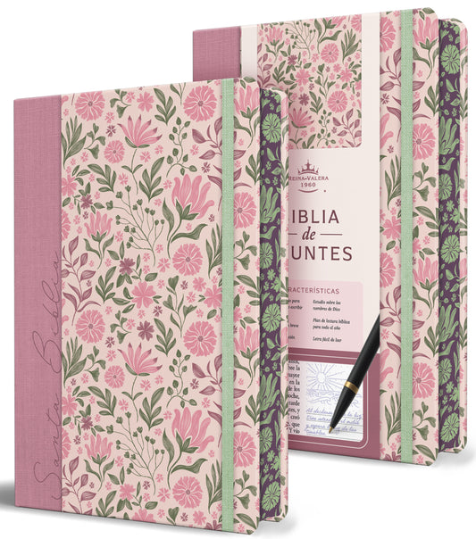 Biblia de Apuntes RVR 1960. Tapa dura, rosada con flores / Spanish Journalling Bible RVR 1960 Hardcover Pink with Flowers