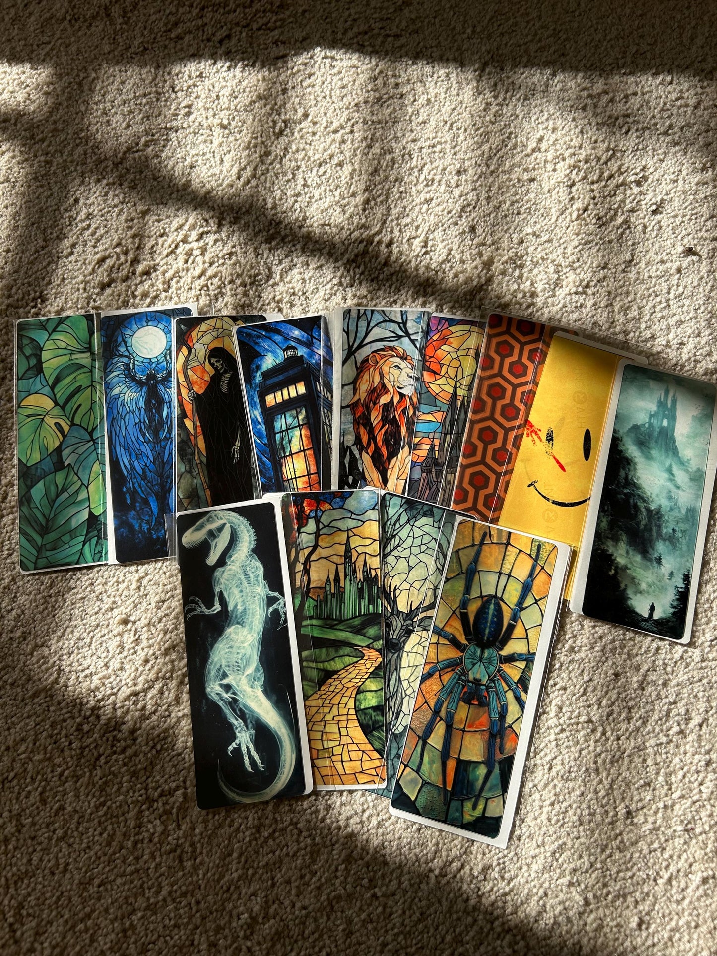 Wise Fox Bookmark with Stained Glass Forest and Open Book – Luminous Fantasy Art Celebrating Knowledge, the Sacred Power of Reading