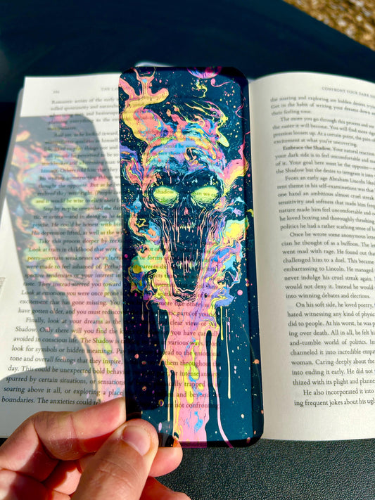 BlackLight Skull Bookmark – Neon Dripping Space Horror Art for Sci-Fi, Fantasy & Cosmic Goth Lovers