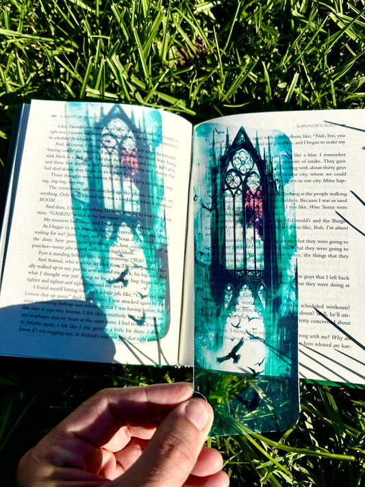 Gothic cathedral and ravens bookmark with stained glass and misty skies | dark fantasy gothic art