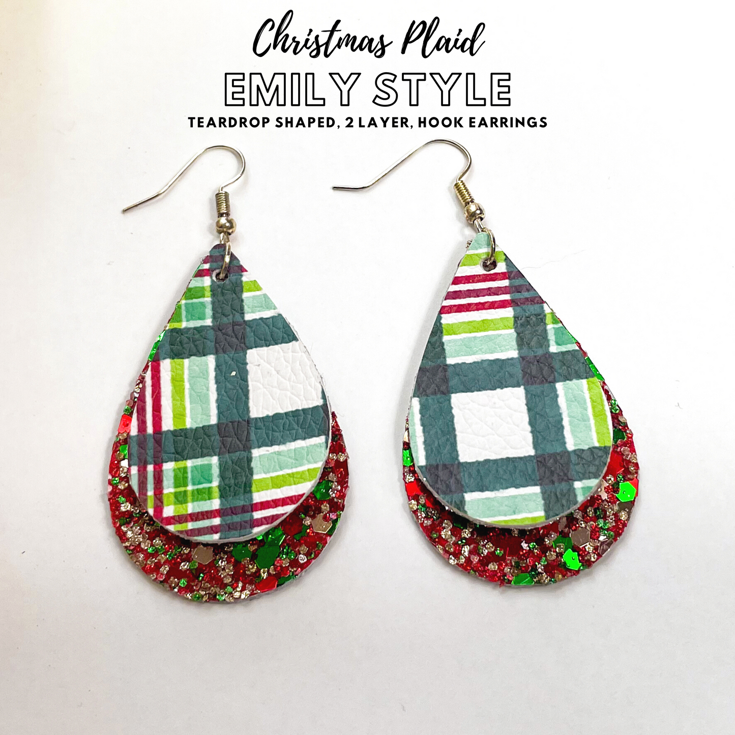 Christmas Plaid Emily Style 2 Layer Dangle Earrings | Emily Style Dangle Earrings | Layered Teardrop Shape