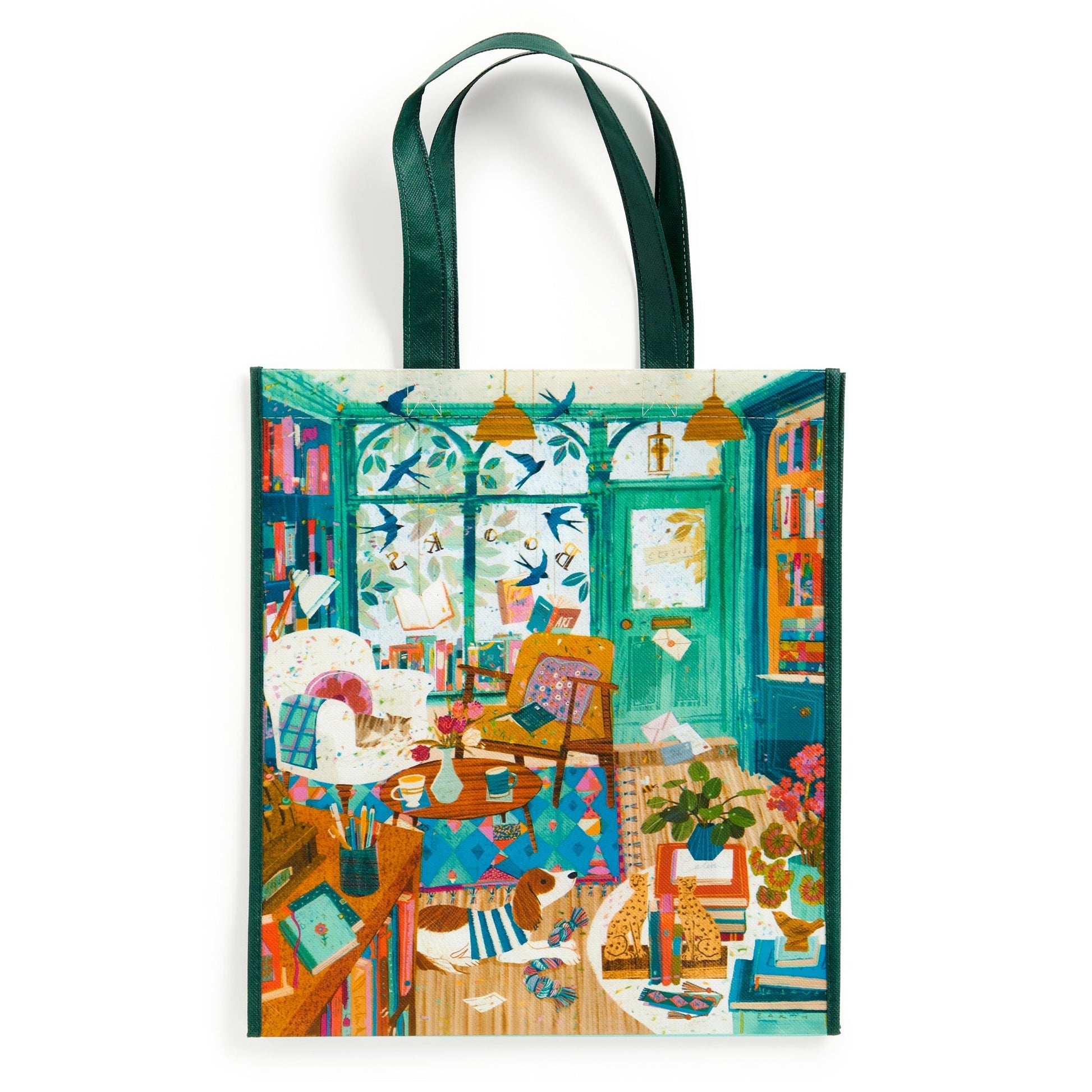 The Bookshop Afternoon Reusable Shopping Bag by Victoria Ball features a vibrant, eco-friendly design of a cozy room with bookshelves, plants, and a cat. This sustainable tote is perfect for book lovers and art fans.
