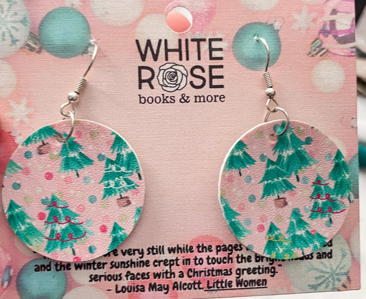 Pink Christmas Tree Circle Earrings | Faux Leather Earrings