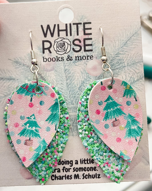 Pink Christmas Tree Earrings | Faux Leather Earrings