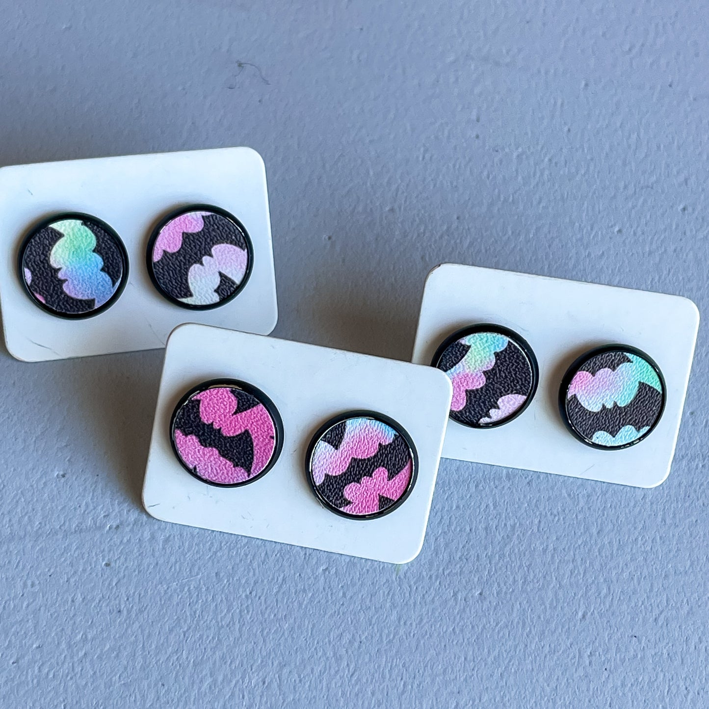Rainbow Bats Katelyn Style Earrings |12 MM Round Studs | Halloween Round Stud Earrings